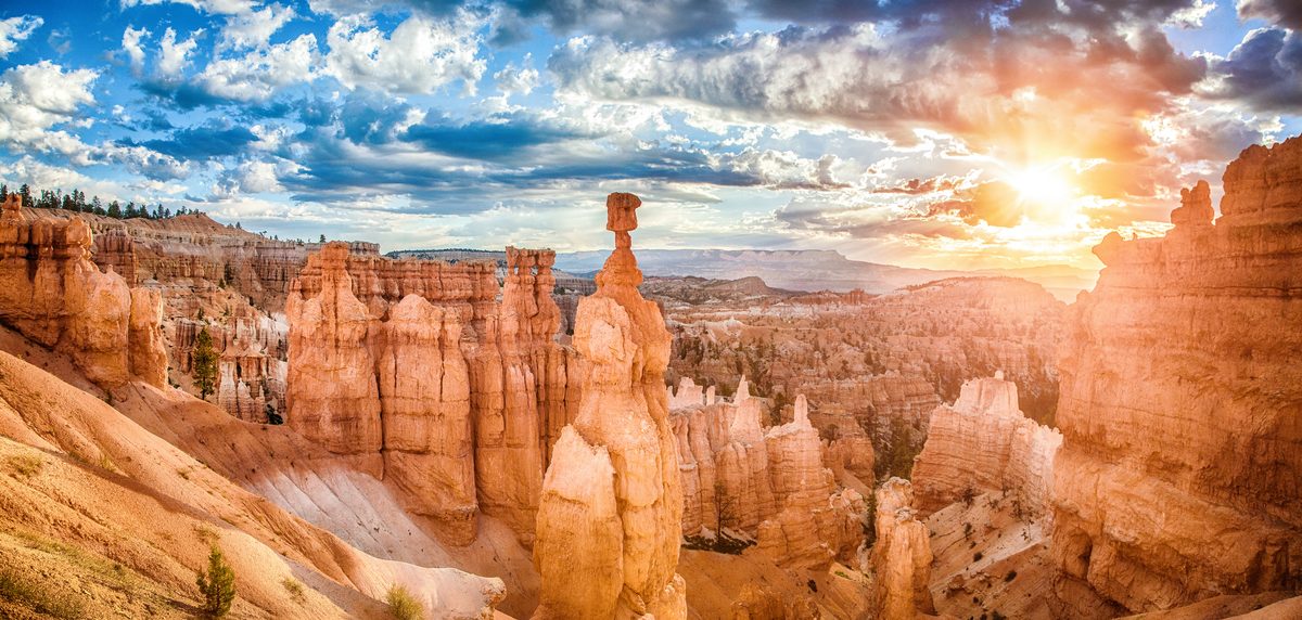 Thor's Hammer, an iconic hoodoo formation in Bryce Canyon National Park, rises dramatically against a breathtaking sunrise with warm golden light radiating from the right and dramatic clouds overhead. The amphitheater is filled with countless orange…