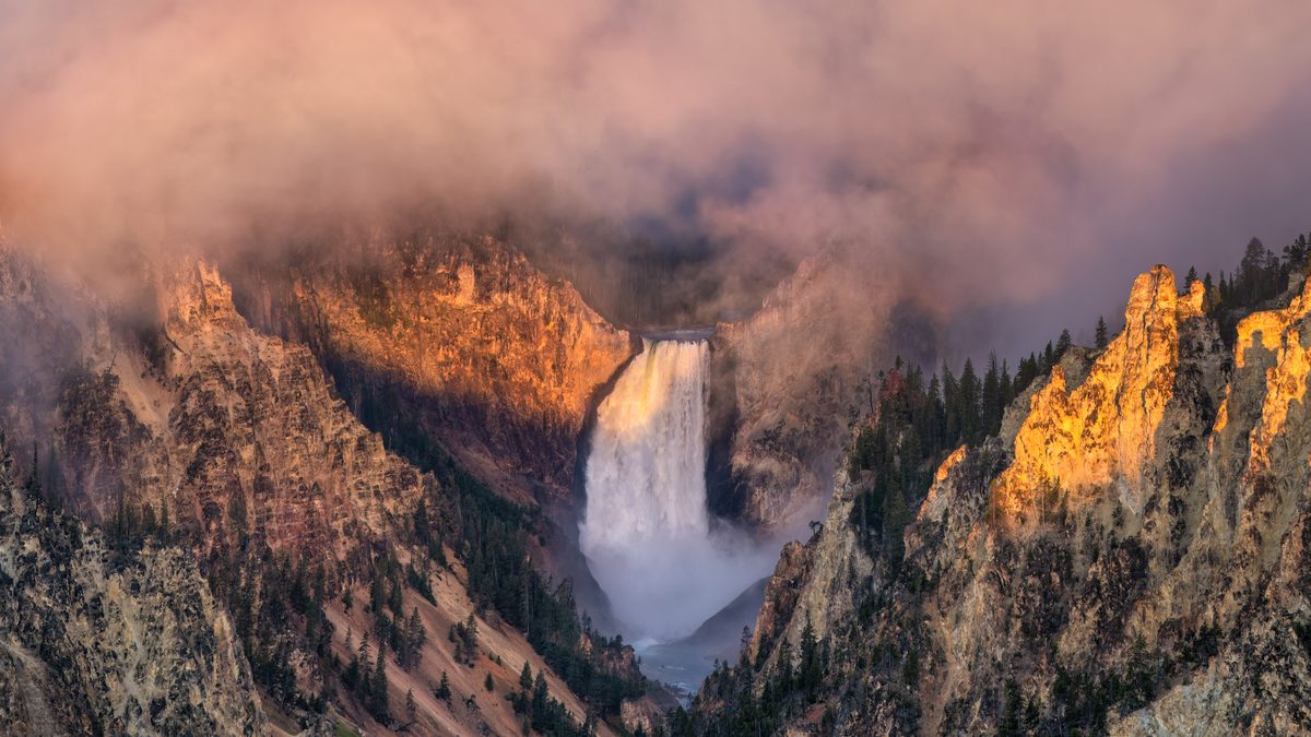 The Lower Falls of the Yellowstone River plunges dramatically into the Grand Canyon of the Yellowstone, framed by golden-lit rhyolite canyon walls and swirling mist. Warm sunrise or sunset light bathes the rocky cliffs in amber and orange tones…