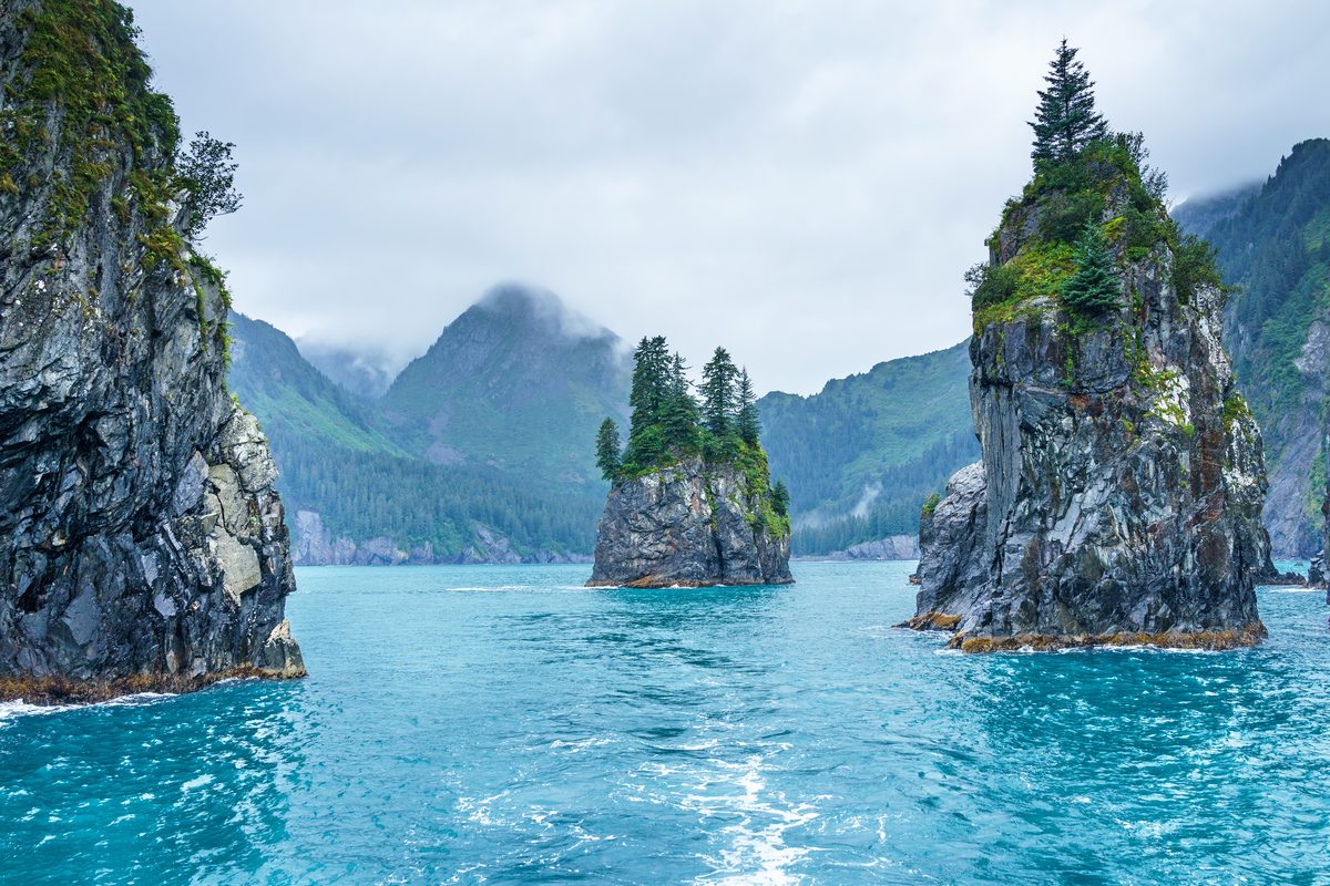Dramatic sea stacks and rocky spires rise from vivid turquoise waters in what appears to be Kenai Fjords National Park, Alaska, with evergreen trees clinging to the summits and misty, cloud-shrouded mountains receding into the background. The…