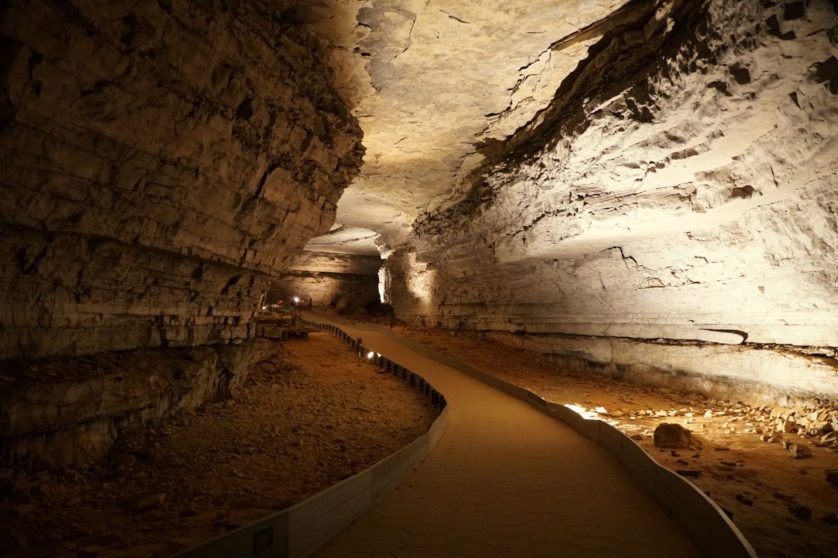 A dramatic interior passage of Mammoth Cave National Park, featuring a wide paved walking path winding through a massive limestone cavern with layered sedimentary walls. Warm artificial lighting illuminates the pale grey-white rock surfaces and…