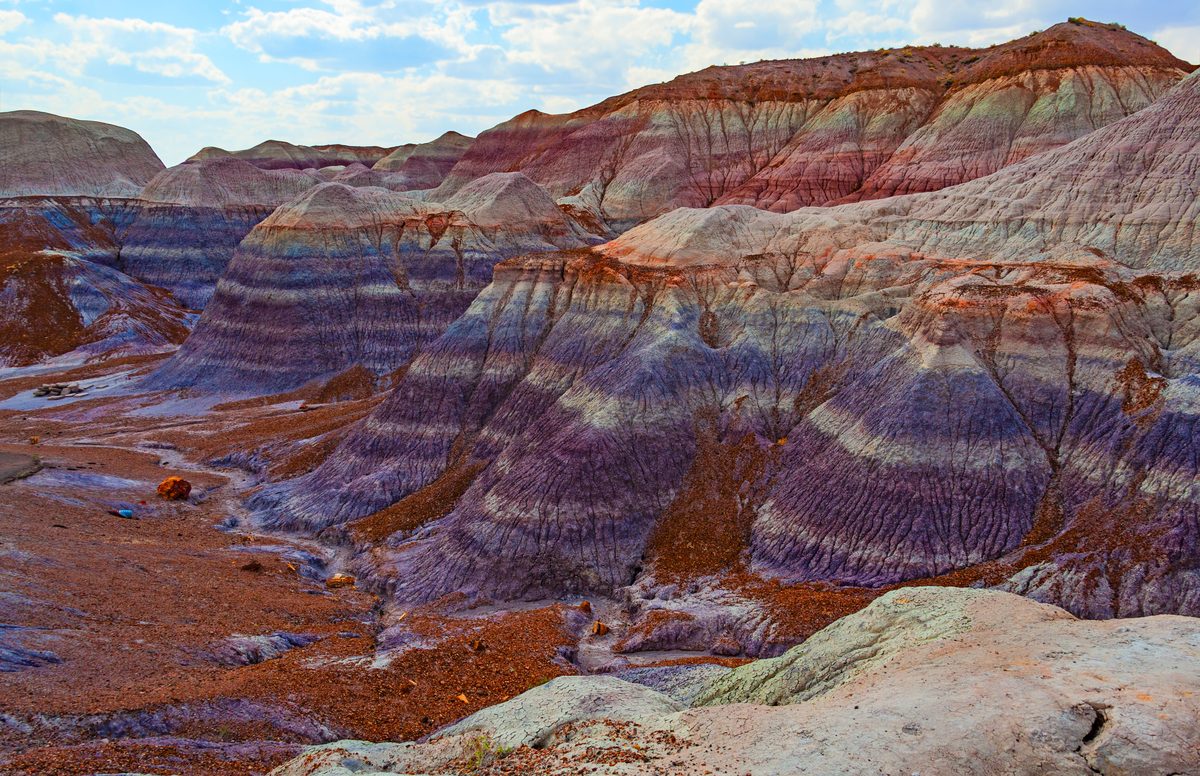 The Blue Mesa badlands of Petrified Forest National Park display dramatically layered bentonite clay hills striped in vivid purples, lavenders, reds, and grays, with scattered petrified wood logs on the valley floor. Warm late-afternoon light…