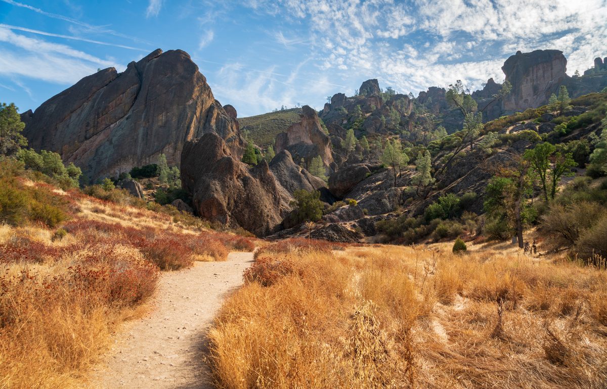 A winding dirt trail leads through golden dry grasslands toward dramatic volcanic rock formations and pinnacles at Pinnacles National Park, bathed in warm afternoon sunlight with a partly cloudy blue sky overhead.